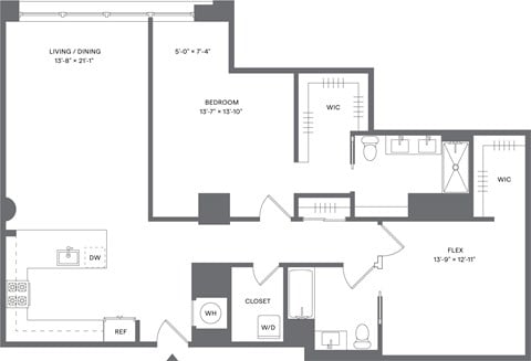 Floor plan for 1 bed, 2 baths, 1402 sqft